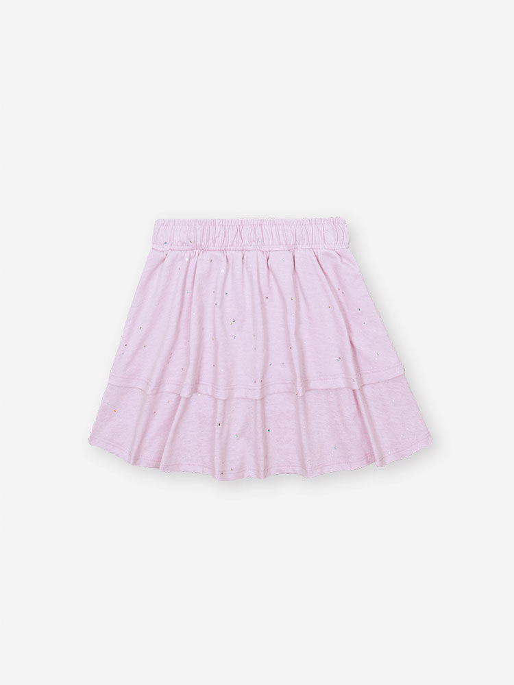 Conjunto Infantil com Regata Boxy e Saia Shorts com Glitter – Look Menina Verão em Meia Malha LILAS BRUMA