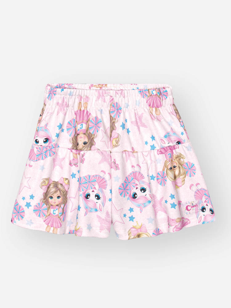 Conjunto Infantil Cheerleaders de Body em Cotton com Shorts Estampado e Strass NATURAL/RS IOGURTE
