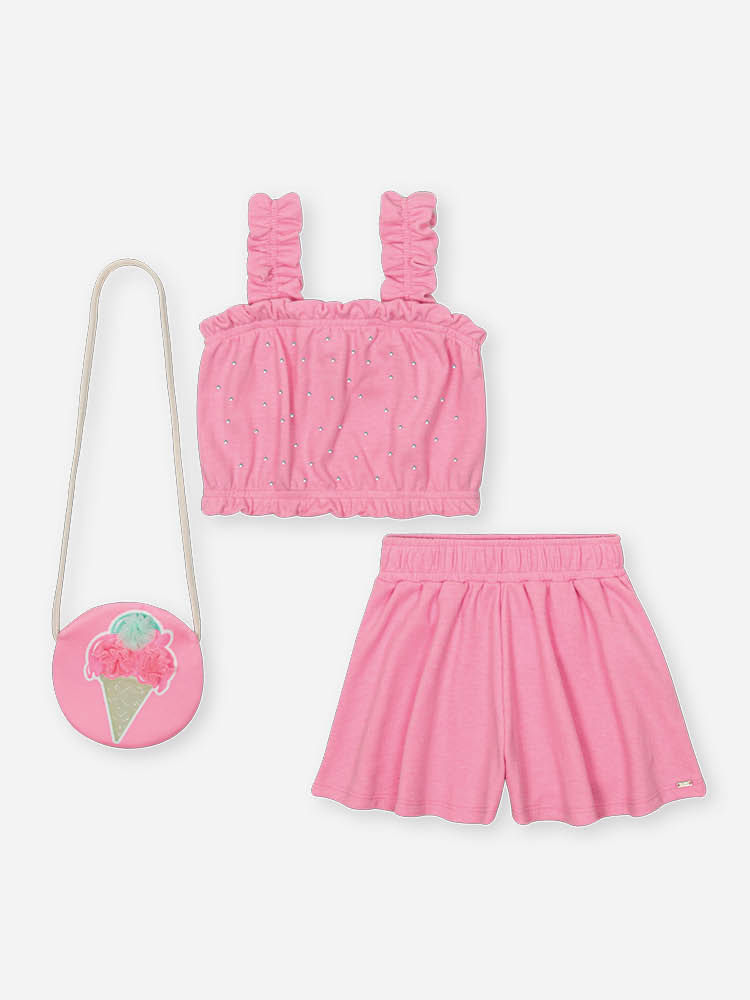 Conjunto Infantil Neon Love com Regata Cropped, Shorts em Moletinho Waffle e Bolsa – Look Menina Ver ROSA BARBIE