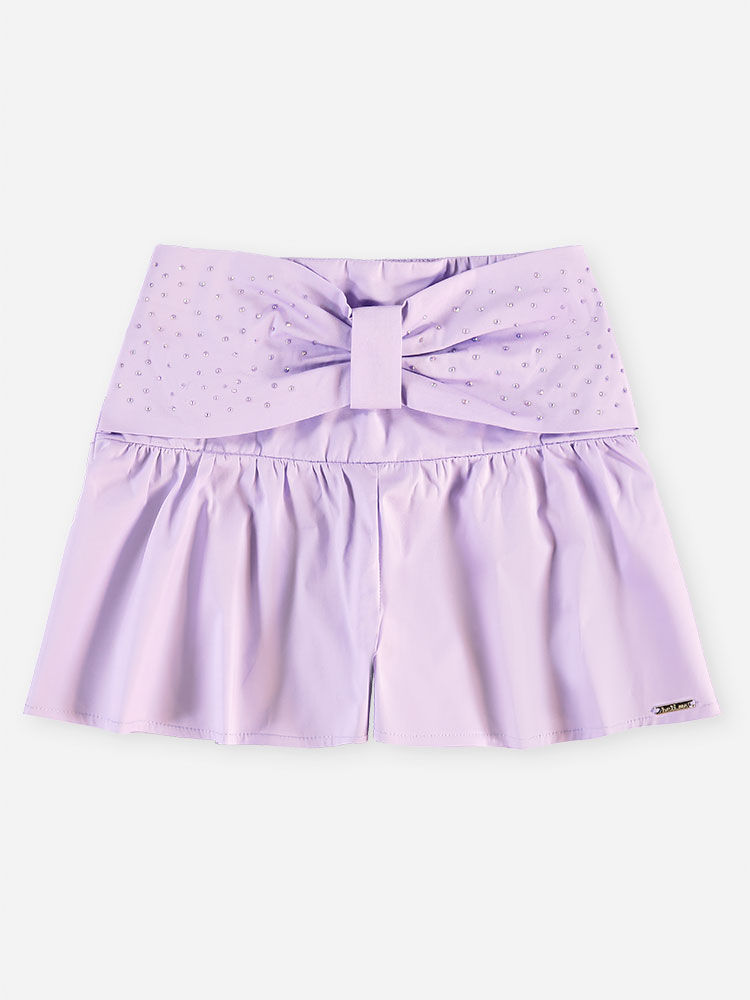 Conjunto Infantil Regata Cropped e Short Lilás com Laço e Strass