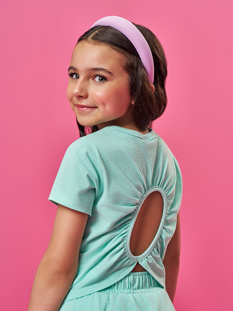 Conjunto Infantil com Blusa e Saia Shorts em Malha Botonê – Look Menina Verão com Algodão VERDE BRISA