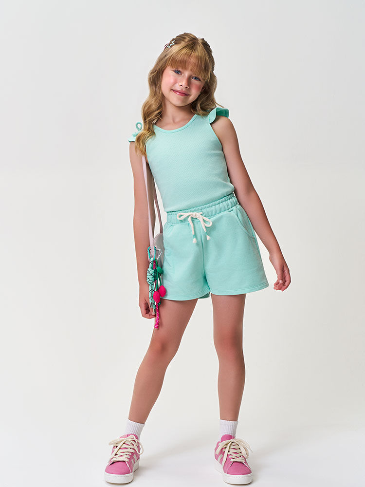 Short Infantil Menina em Moletom com Bolsos e Cordão Menta