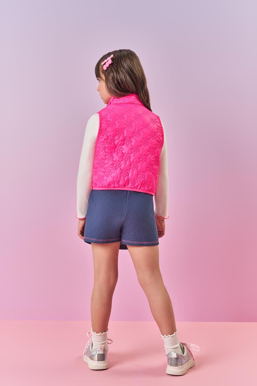 Conjunto Infantil Menina Blusa; Short-Saia E Colete Rosa Neon Mundo Cinti