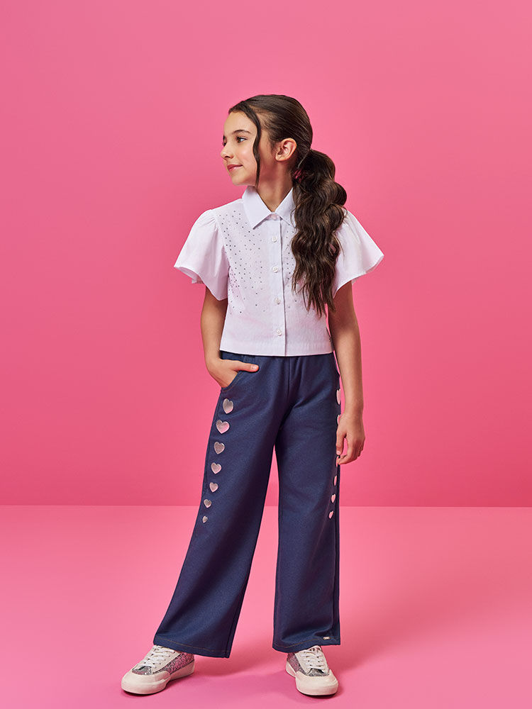 Calça Infantil em Molecotton Denim com Foil de Corações – Calça Menina Verão com Elastano AZUL MARINHO