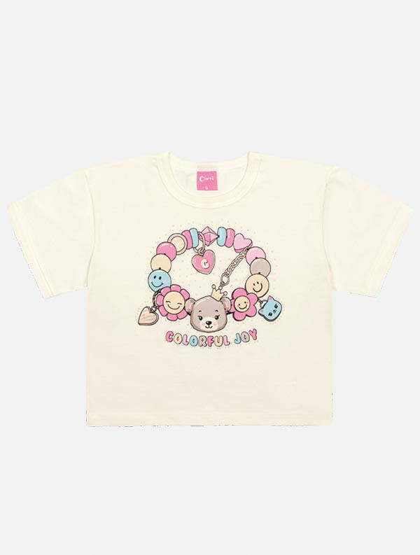 Conjunto Infantil Menina Blusa E Short Com Pulseira Natural Mundo Cinti