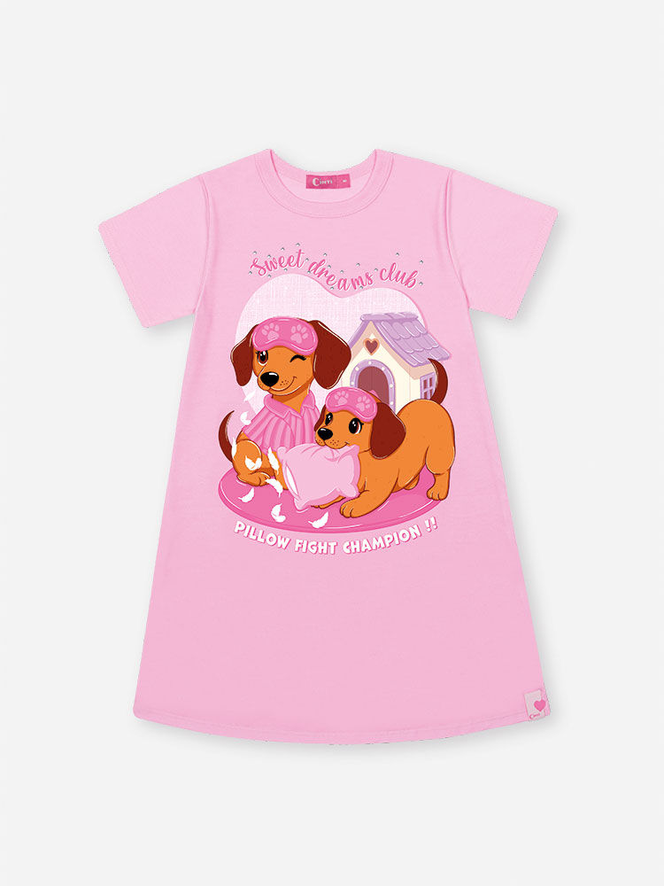 Camisola Infantil em Meia Malha – Pijama Menina Verão com Estampa de Cachorrinhos ROSA IOGURTE