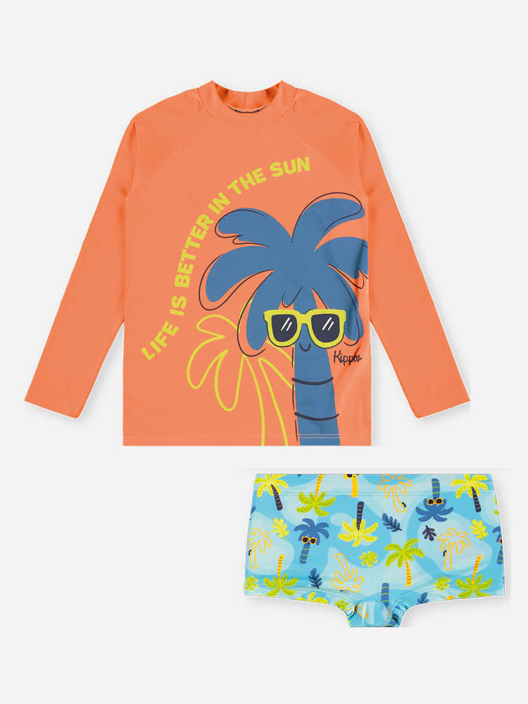 Conjunto Menino em Malha UV Camiseta e Sunga Palmas Laranja Neon