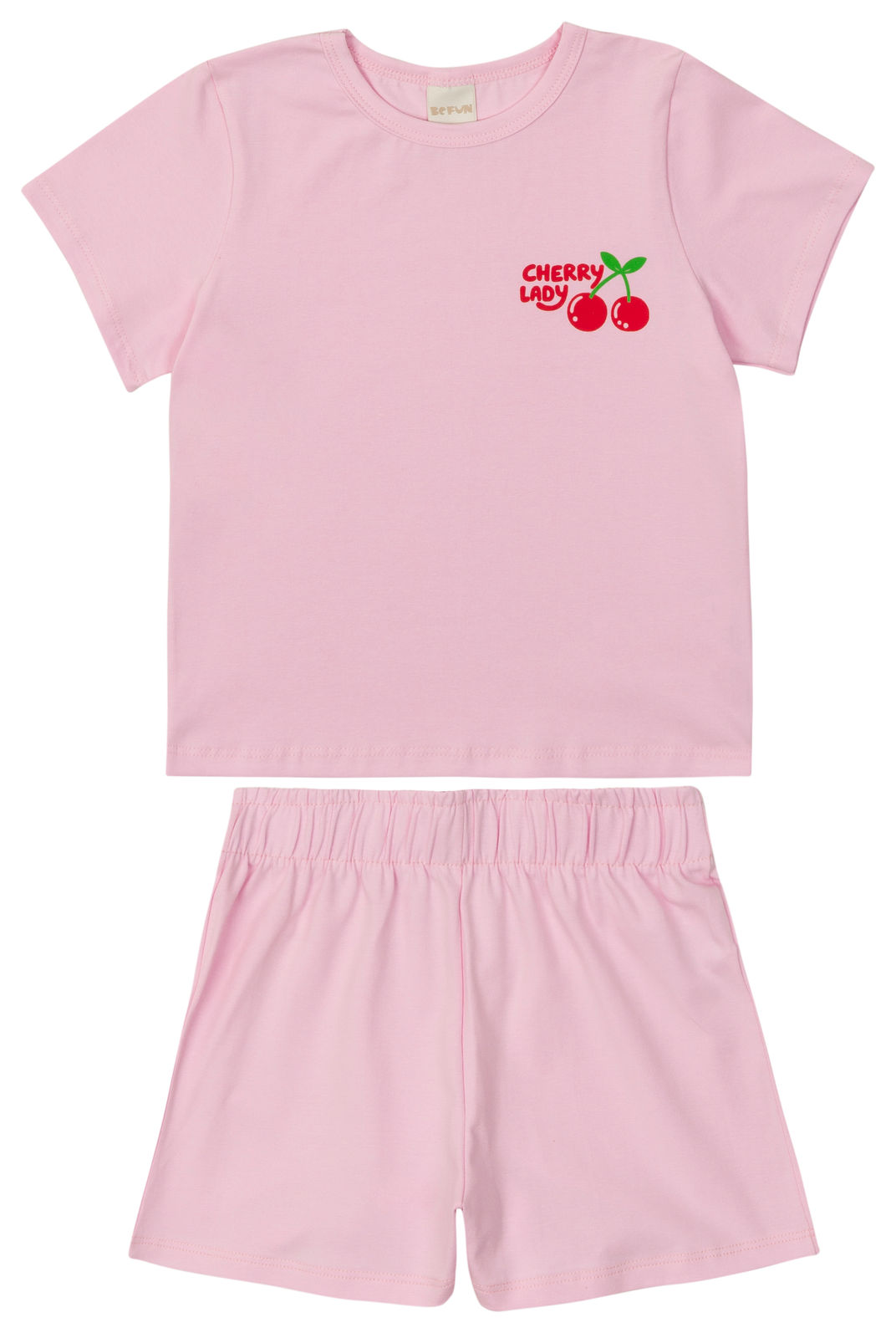 Conjunto Infantil Blusa Cherry Lady e Shorts Rosa Bebê