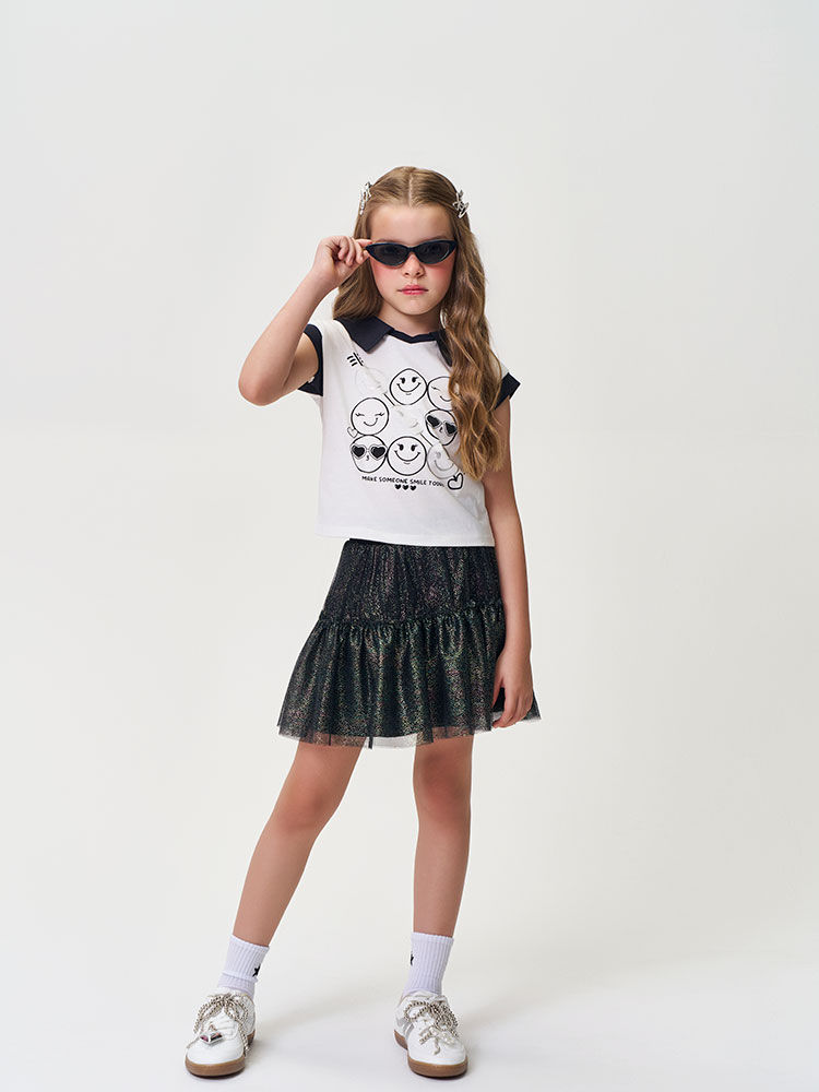 Conjunto Infantil Blusa Boxy Emojis e Saia-Short com Tule Foil
