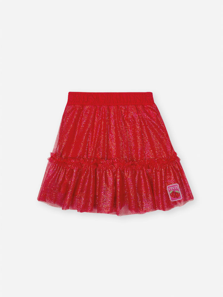 Conjunto Infantil com Blusa em Cotton e Saia Shorts com Tule Foil – Look Menina Verão com Morango e NATURAL/VM MARTE