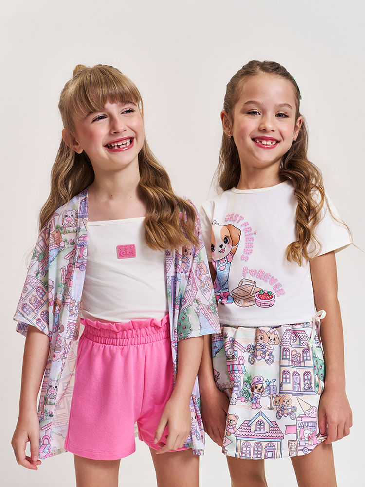 Conjunto Infantil com Top e Shorts em Moletinho com Kimono em Tule – Look Menina Verão de Cachorrinh NATURAL/RS CONFETE