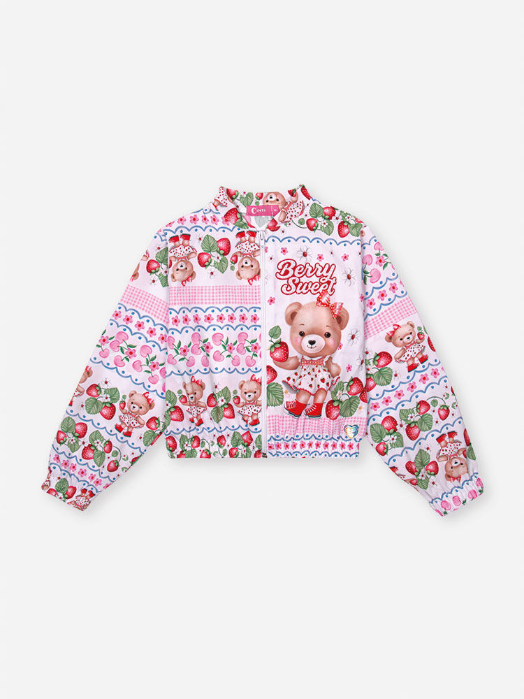Jaqueta Infantil Corta Vento em Nylon com Elastano – Casaco Menina Verão Estampado com Strass ROSA IOGURTE