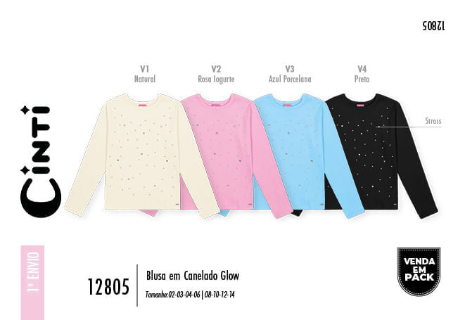 Blusa Canelada Menina com Strass Mundo Cinti AZUL PORCELANA