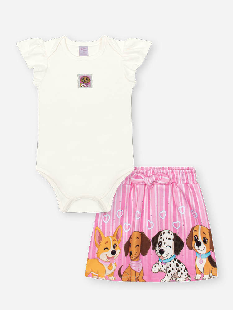 Conjunto Body Bebê Menina com Short-Saia Cachorrinhos – Look Delicado Cinti Baby NATURAL/RS CONFETE