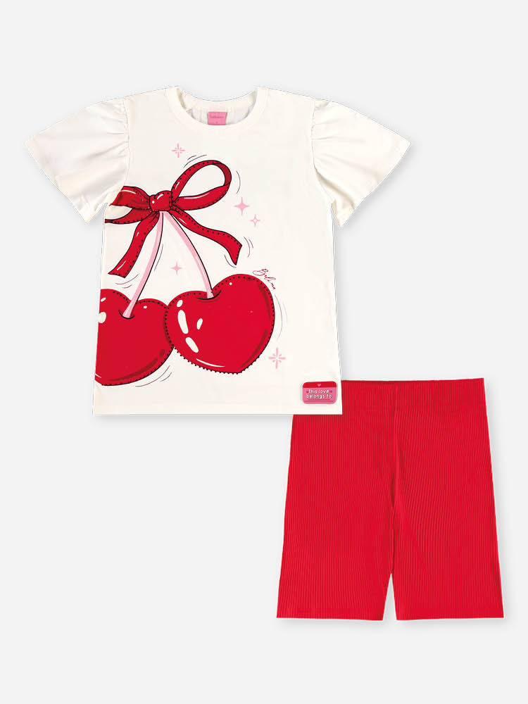 Conjunto Infantil Menina Blusa de Cerejas e Ciclista