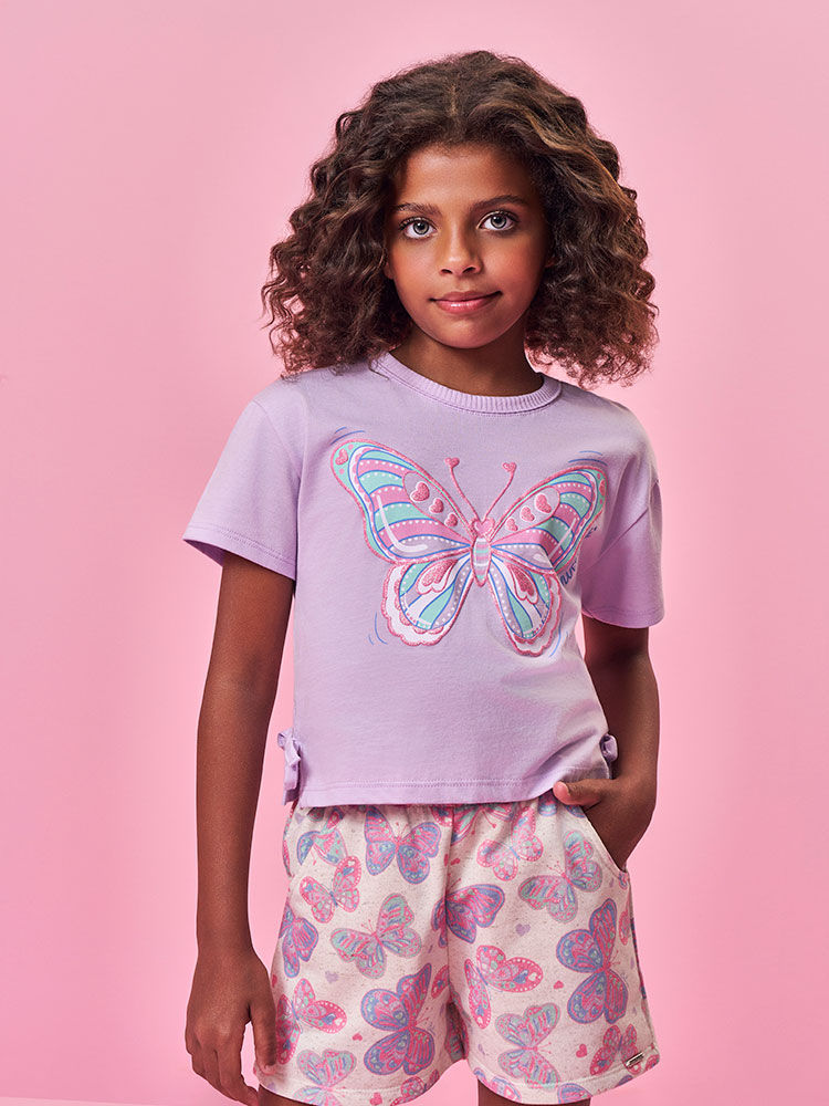 Conjunto Infantil Menina Blusa Boxy Borboleta e Short com Linho