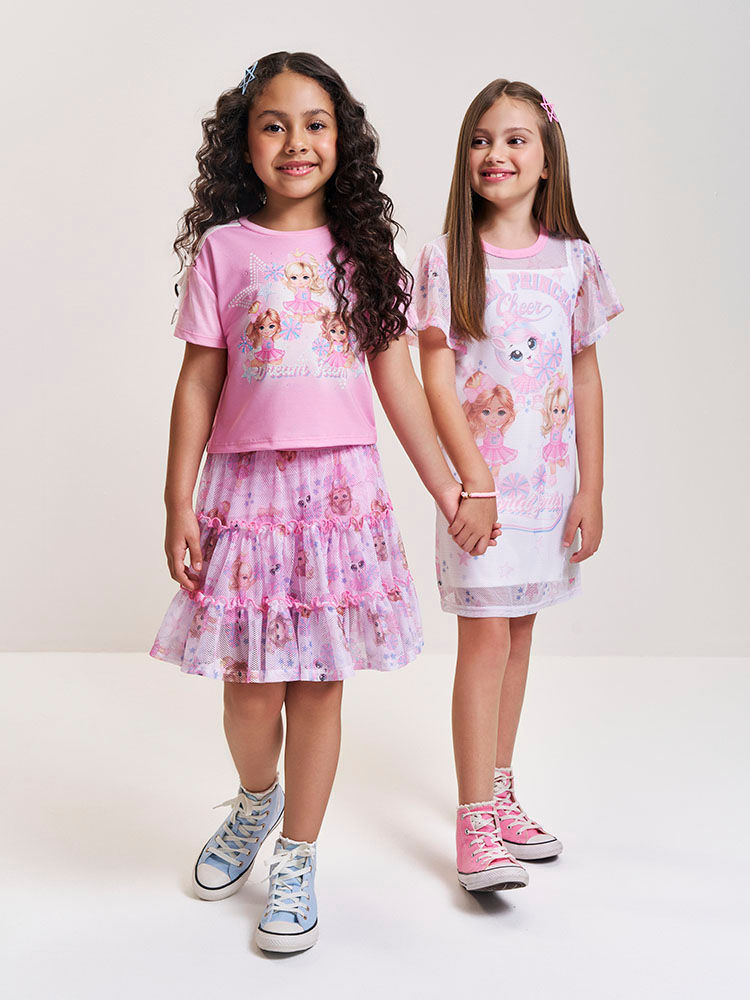 Conjunto Infantil Cheerleader com Saia em Tela e Ciclista – Conjunto Menina Fashion Cinti ROSA IOGURTE