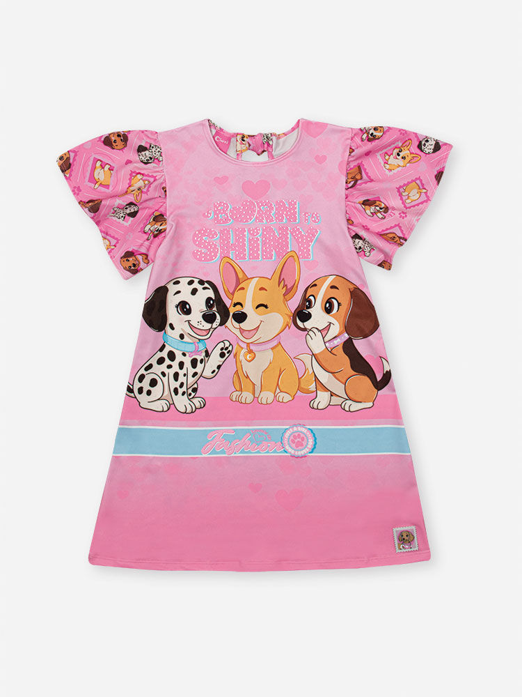Vestido Infantil em Suplex com Estampa de Cachorrinhos – Vestido Menina Verão Rosa com Strass ROSA IOGURTE