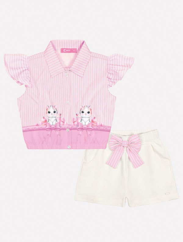 CONJ CAMISETE E SHORTS ROSA CINTI/OFF WHITE