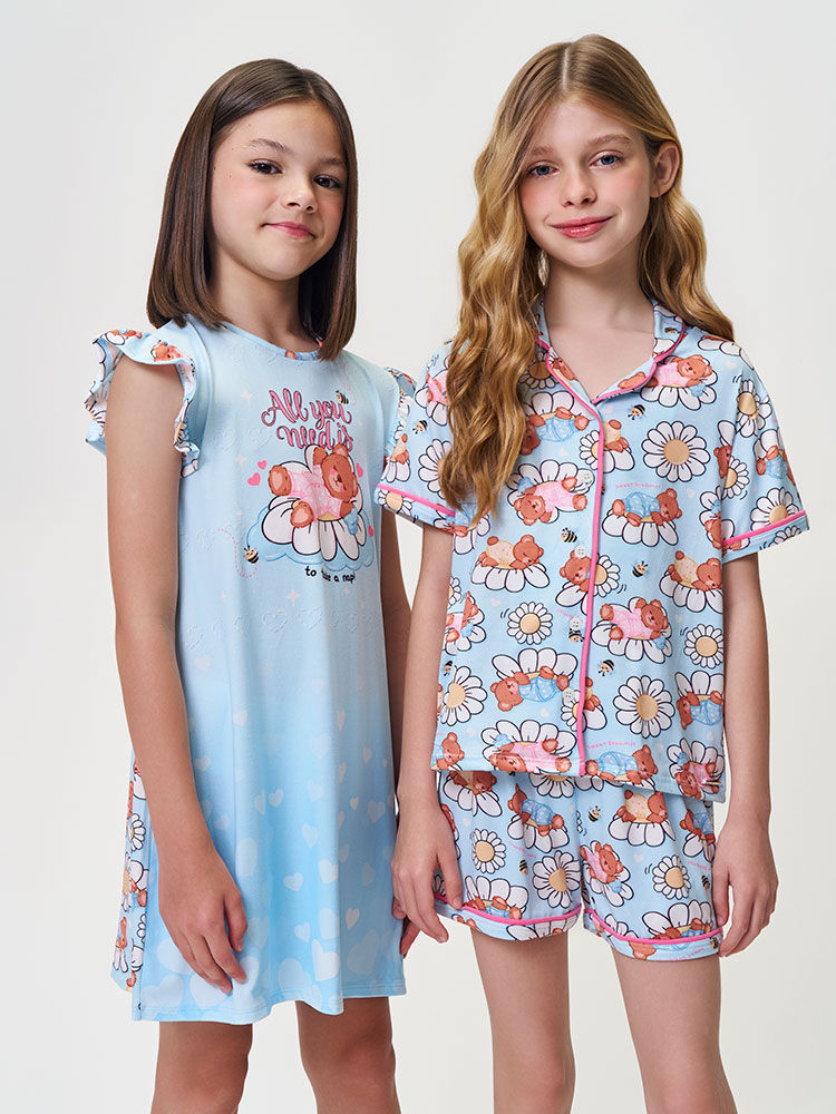 Conjunto Infantil Menina Pijama Ursinhas e Flores em Malha Suede