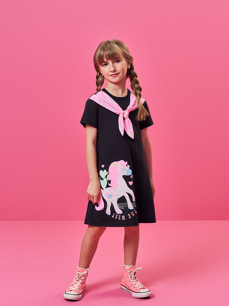 Vestido Infantil em Meia Malha com Unicórnio – Vestido Menina Verão com Glitter PRETO