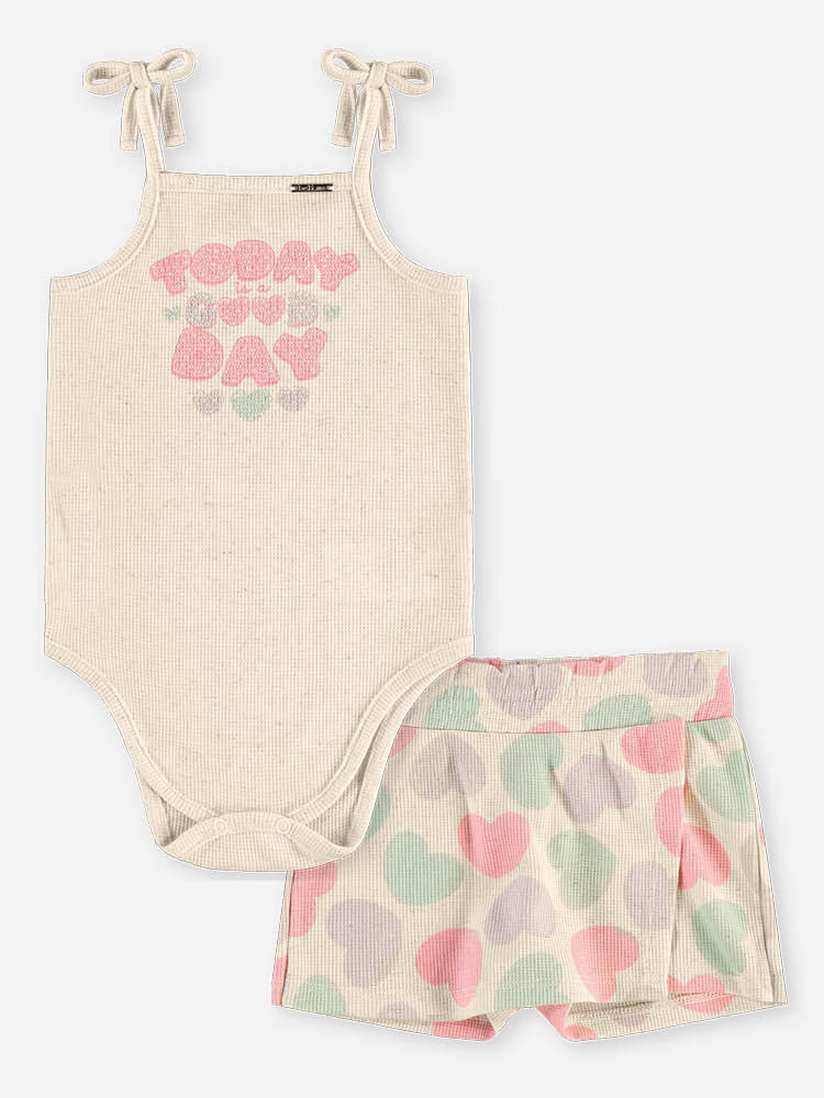 Conjunto Bebê Body com Strass e Short-Saia de Corações