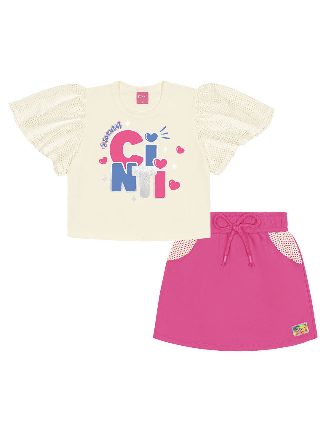 Conjunto Infantil Menina Blusa Cropped E Short-Saia Natural E Rosa Cinti