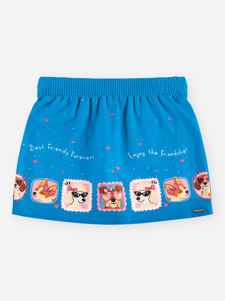 Conjunto Infantil Menina Regata e Saia-Short Selos de Cachorrinhos com Strass