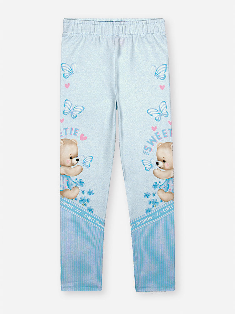 Legging Infantil em Suplex com Estampa de Ursinha – Calça Legging Menina Verão com Elastano AZUL PORCELANA