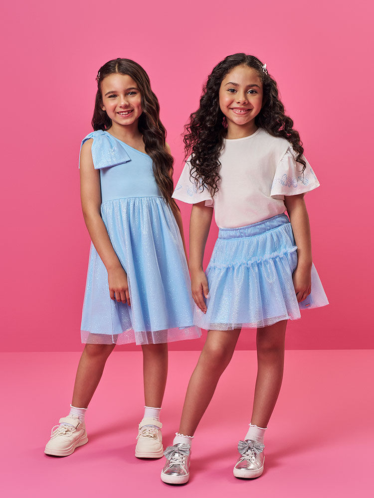 Vestido Infantil em Cotton com Tule Foil – Vestido Menina Verão de Um Ombro Só AZUL PORCELANA