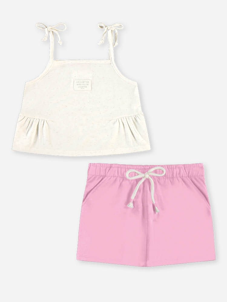 Conjunto Infantil Menina Regata Cropped e Short-Saia com Linho Iogurte