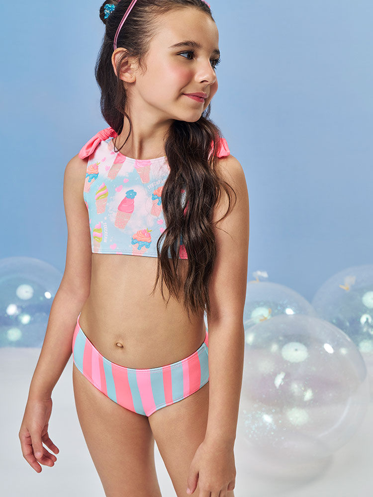 Biquíni Infantil em Malha UV com Estampa de Sorvetes e Gelato – Moda Praia Menina Rosa Neon VD ATOL/ROSA NEON