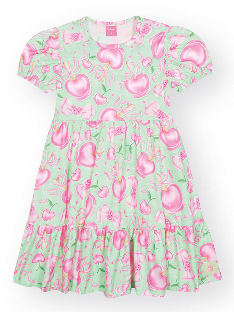 Vestido Infantil Menina Coração do Amor Verde Mundo Cinti