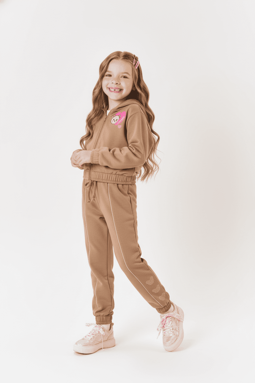 Conjunto Infantil Menina Jaqueta E Calça Com Strass Bege Mundo Cinti Conjunto Infantil Menina Jaqueta E Calça Com Strass Bege Mundo Cinti