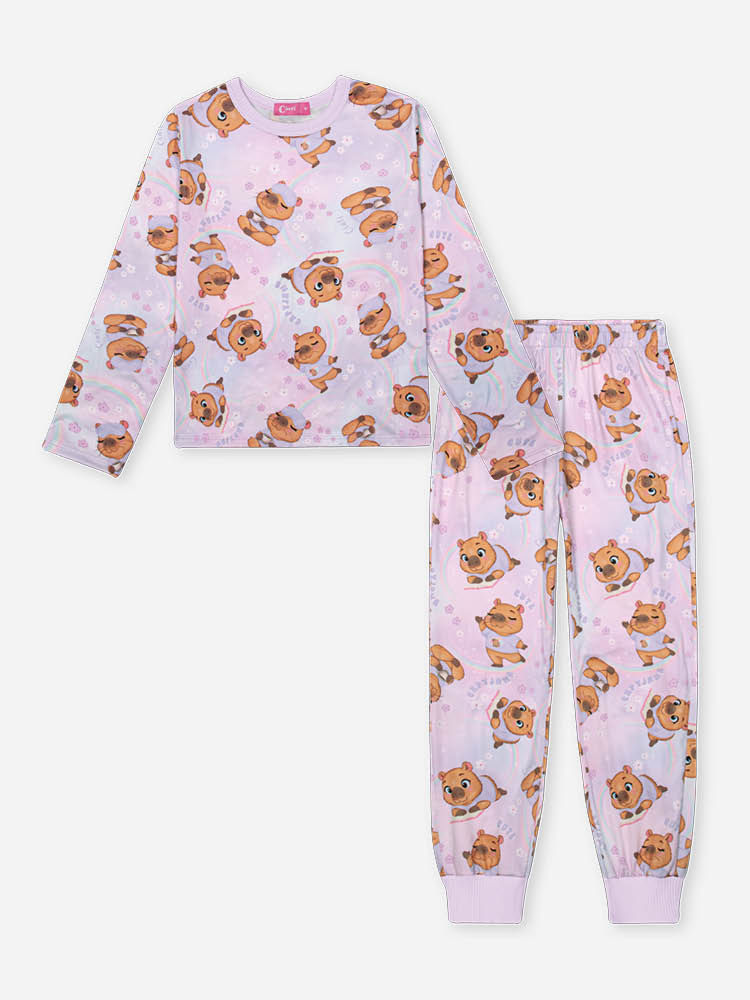 Pijama Infantil com Blusa e Calça em Malha Suede – Pijama Menina de Cachorrinho LILAS BRUMA