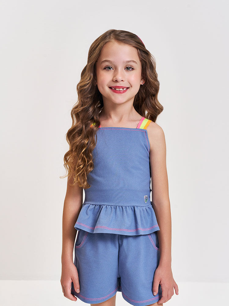 Conjunto Infantil com Regata Boxy e Shorts em Molecotton Denim – Look Menina Verão com Alças Colorid AZUL JEANS MEDIO