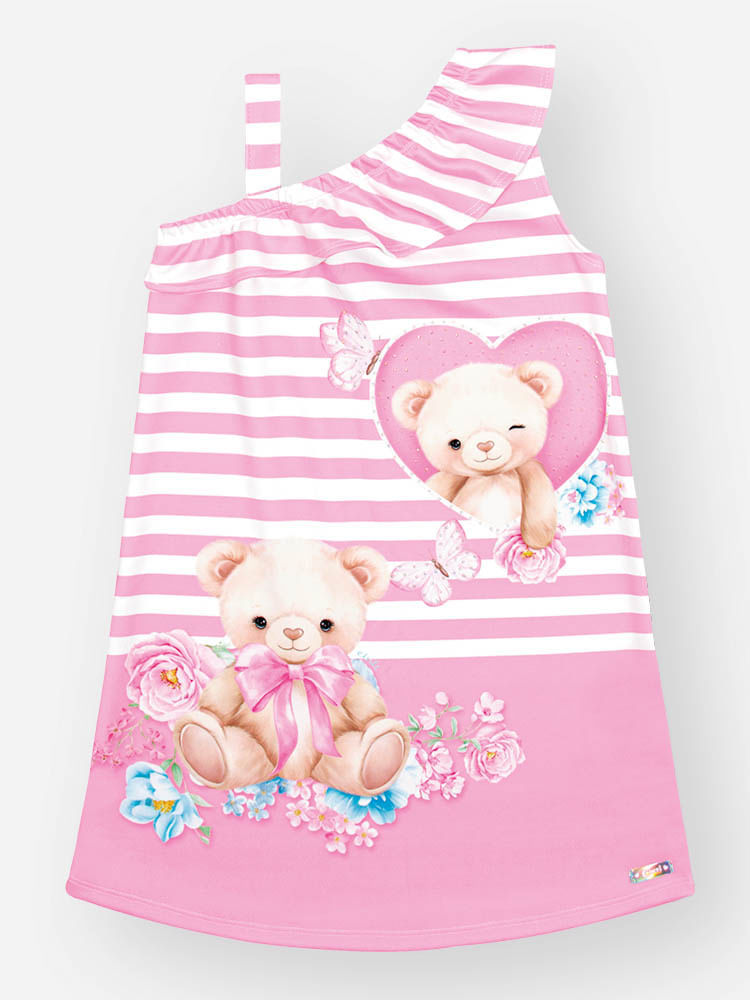 Vestido Infantil Menina Ursinha Listrada Rosa Mundo Cinti