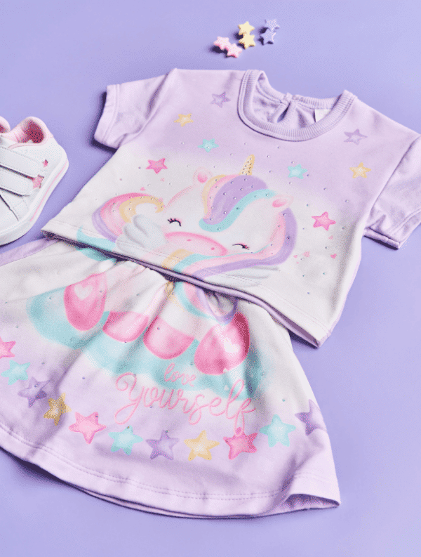 Conjunto Bebê Menina Blusa E Saia-Short Unicórnio Lilás Cinti