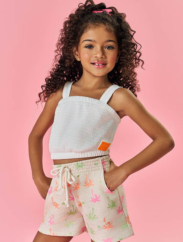 CONJ BLUSA E SHORTS NATURAL/LARANJA NEON