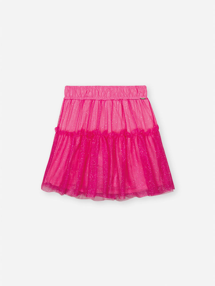 Saia Shorts Infantil em Tule Glitter e Meia Malha – Saia Menina Verão com Shorts Interno ROSA PINK VIBRANTE