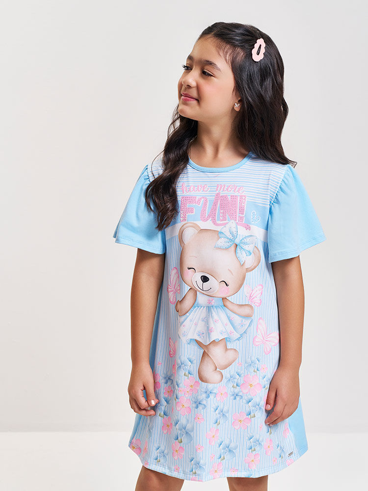 Vestido Infantil em Cotton com Estampa de Ursinha – Vestido Menina Verão com Strass AZUL PORCELANA