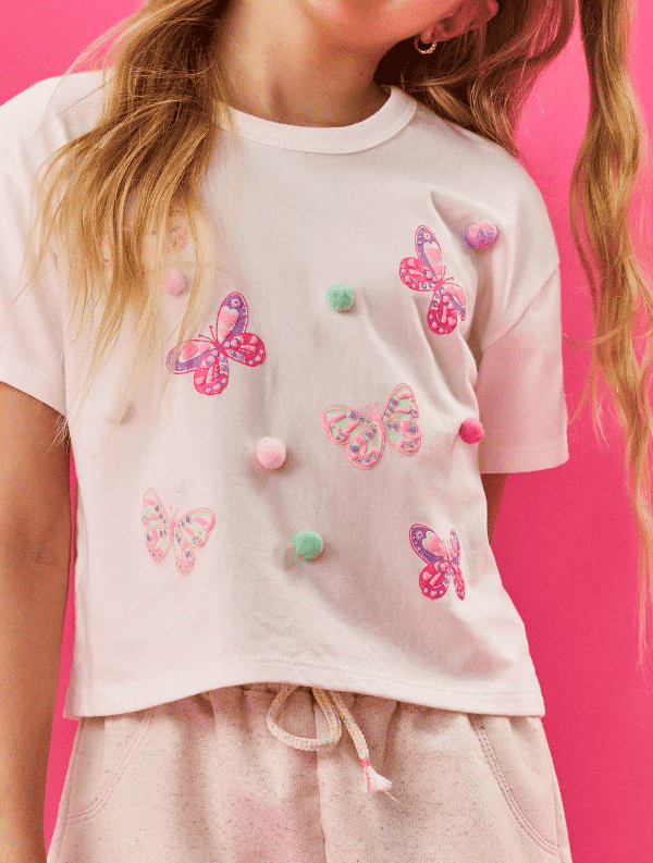 Conjunto Infantil Menina Blusa Boxy E Short  Borboletas E Pompom Natural Cinti