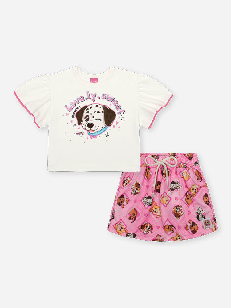 Conjunto Infantil com Blusa e Shorts Saia em Molecotton Light – Look Menina Verão com Cachorrinho NATURAL/RS CONFETE