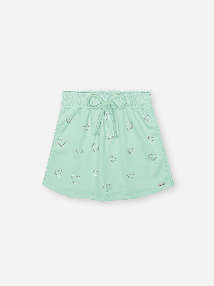 Shorts Saia Infantil em Moletinho – Saia Short Menina Verão com Strass de Coração VERDE BRISA