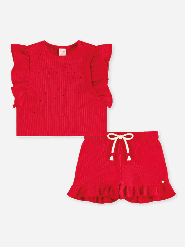 Conjunto Bebê Blusa Boxy com Strass e Short Vermelho