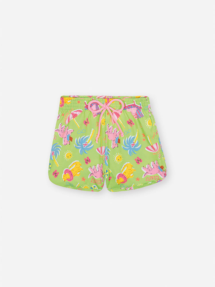 Shorts Infantil de Praia em Nylon Estampado VERDE NEON FORTE