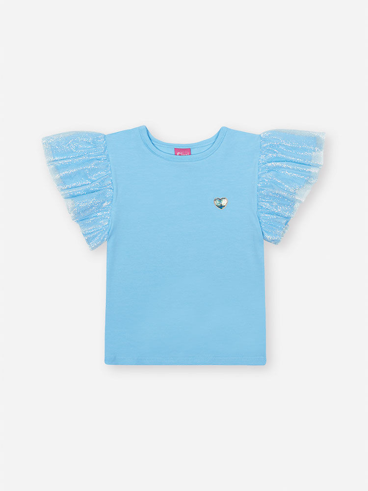 Blusa Infantil com Manga de Tule Foil – Camiseta Menina em Cotton com Algodão Verão AZUL PORCELANA