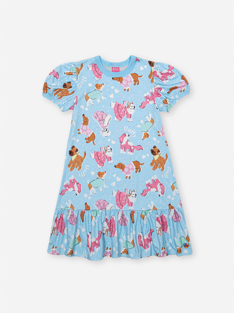 Vestido Infantil em Cotton Linho com Estampa de Cachorrinhos – Vestido Menina Verão AZUL PORCELANA