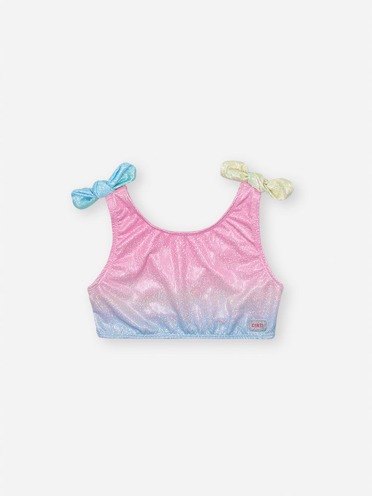 Biquíni Infantil em Malha Foil Degradê e Malha UV – Moda Praia Menina Verão com Brilho ROSA IOGURTE