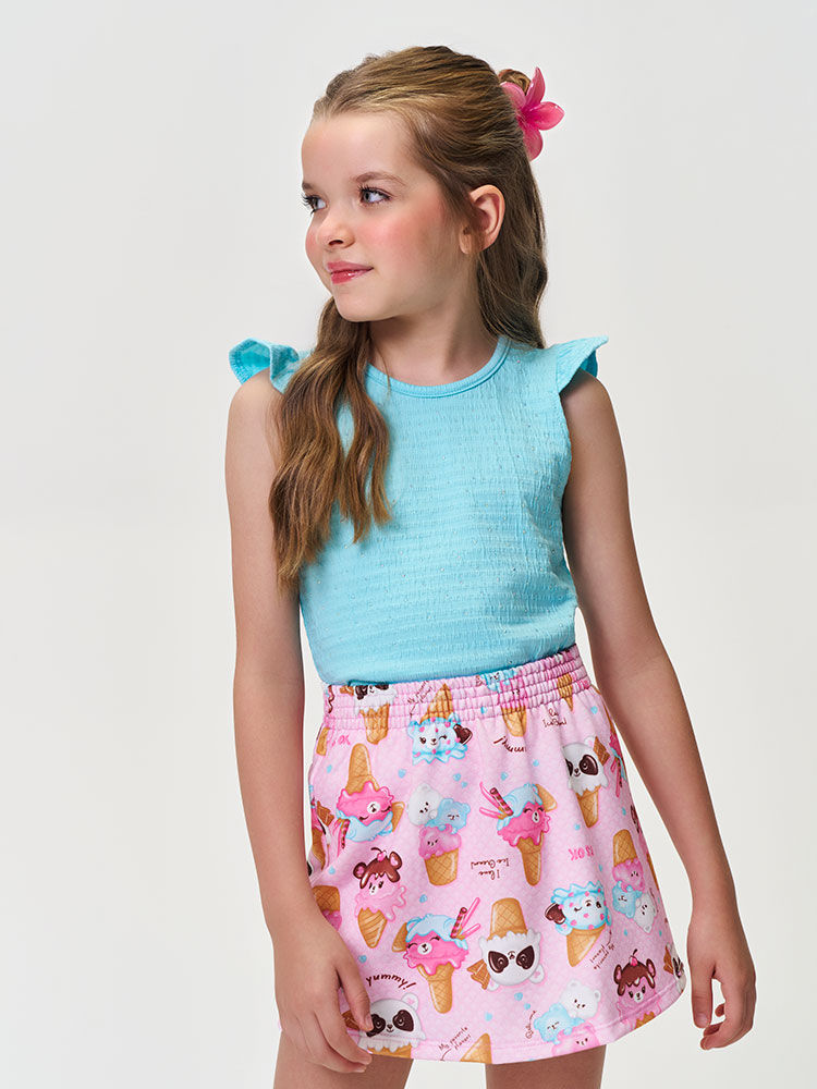 Conjunto Infantil Menina Regata com Strass e Short-Saia Sorvetes